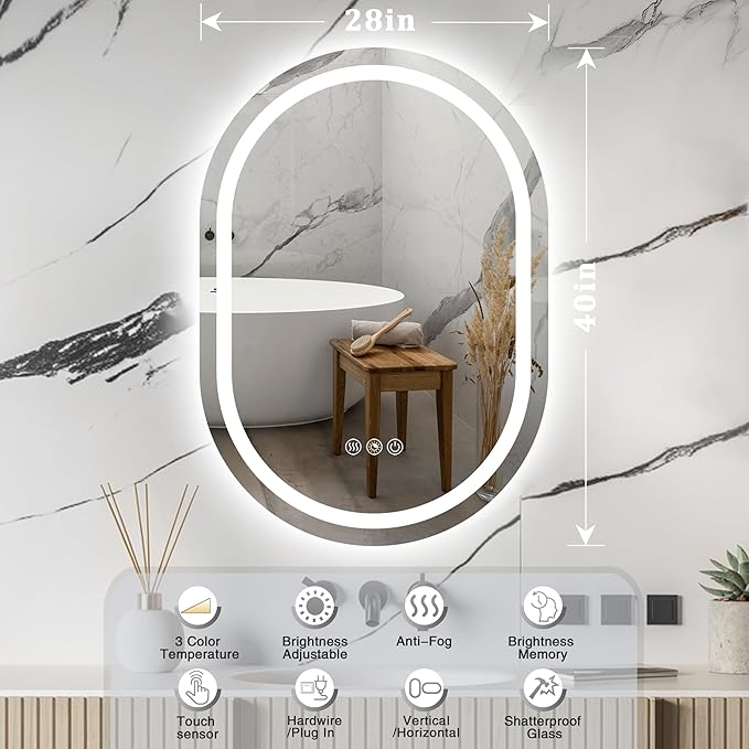 Oval LED Mirror for Bathroom Wall 28 x 40 Inch,Oval Frameless LED Bathroom Vanity Mirror,Lighted LED Mirror with 3 Color Lighting,Dimmable, Anti-Fog(Horizontal/Vertical)