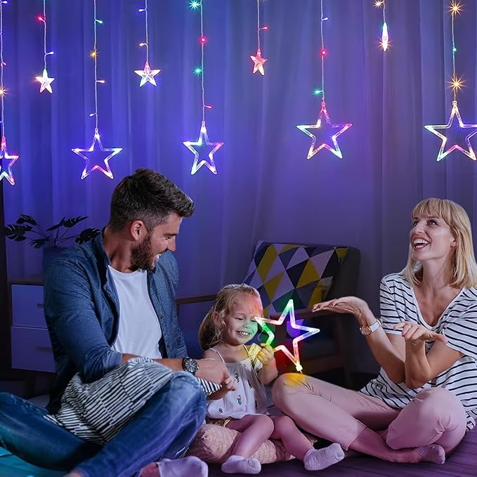 Star Curtain Lights for Bedroom - Plug-in 9ft 138 LED Fairy Twinkle Lights with 12 Star Drops, Connectable Window Lights with Remote 8 Lighting Modes for Indoor Xmas Ramadan Decoration, Multicolored