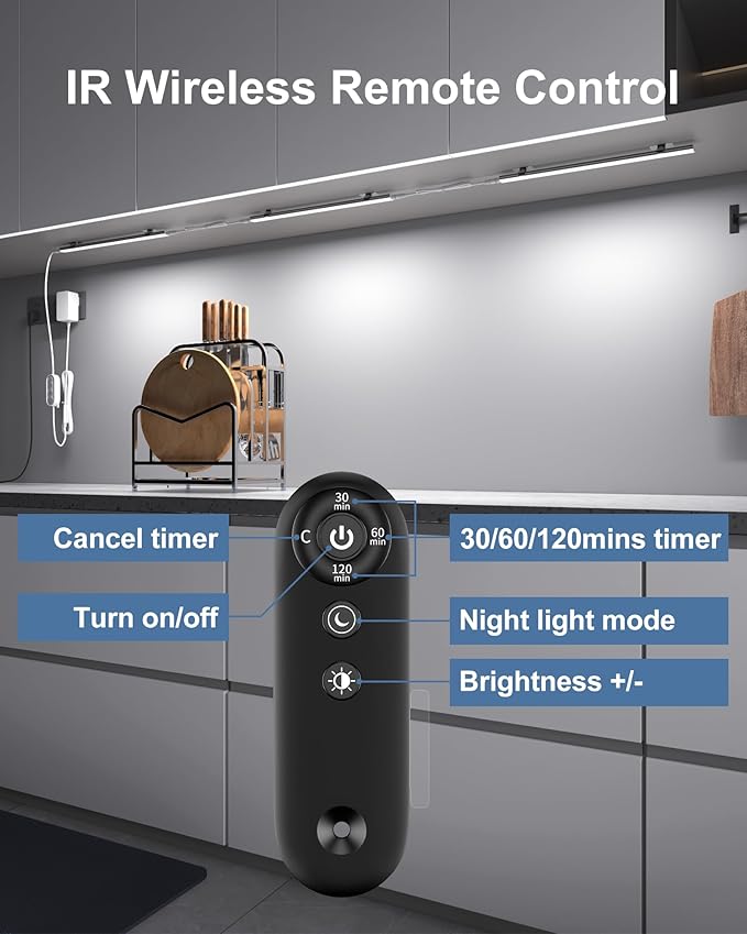Remote Control Under Cabinet Led Light Plug in, Dimmable Daylight White 4500K, 6 Pack 12 inch Linkable Led Under Counter Lights for Kitchen Upgrade ETL Listed Plug 24V, UNO-LK 4500K