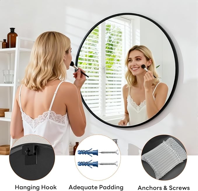 Sweetcrispy Round Bathroom Mirror 30 Inch Black Metal Framed Wall Mounted Circle Vanity Mirror for Bathroom, Bedroom, Living Room, Entryway, Anti-Rust, Modern Decorative, Hanging or Leaning