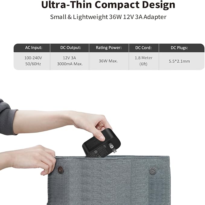 Tonton 12V 3A DC Power Supply 6Ft, 36W AC/DC Charger with 8Tips, AC 100-240V to DC 12Volt 3A 2.8A 2.5A 2.4A 2A 1.5A Connector Adapter for LED Strip, Security Camera, Webcam, Router,UL/CE/FCC Certified