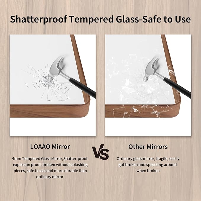 LOAAO 72X36 Inch Bathroom Mirror with Wood Grain Colored Metal Frame, Rounded Rectangle Metal Framed Bathroom Mirror, Anti-Rust, Hangs Horizontally or Vertically, Tempered Glass