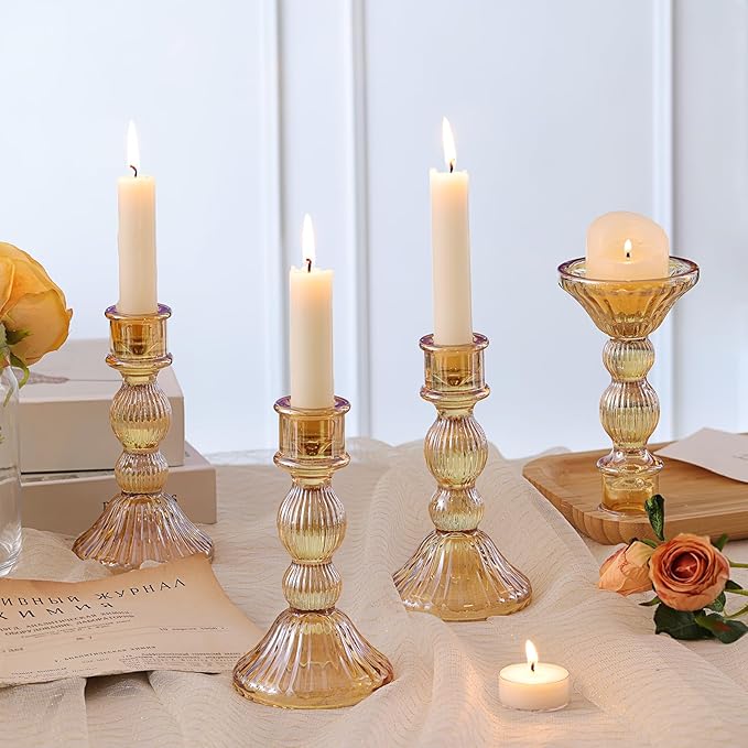 DARJEN Gold Candlestick Holders Set of 4 - Vertical Stripe Glass Candle Holders for Candlesticks and Taper Candles, Taper Candle Holder for Wedding, Party, Home Decor & Table Centerpieces