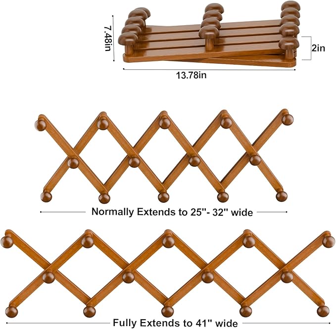 WGFKVAS Hat Rack for Wall with 14 Hooks, Solid Wooden, Expandable Coat Rack Wall Mount for Coats, Hats, Bags, Baseball Caps, Brown
