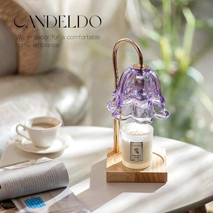 Candle Warmer Lamp with Timer: Purple Flower Candle Warming Lamp with 2 Bulbs Height Adjustable Wax Warmer Dimmable Bedroom Decor Mothers Day Gift for Women