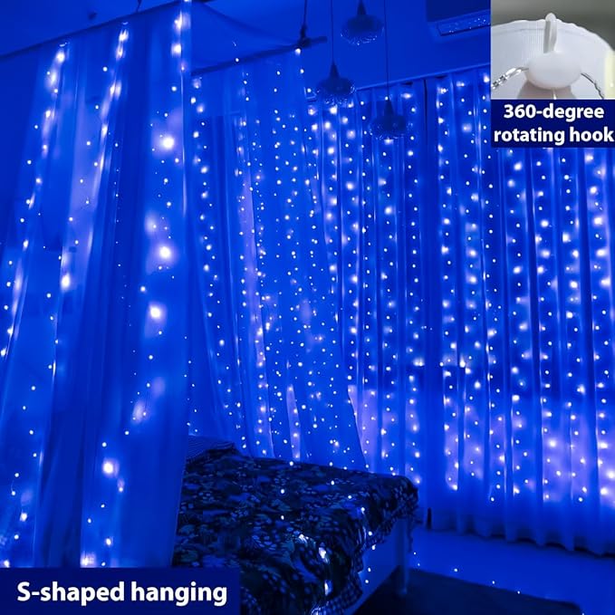 ZSJWL 300 LED Blue Curtain Fairy Lights with Remote, 8 Modes 9.8 × 9.8 Ft Waterproof USB Plug in Copper Wire Lights for Bedroom Window Chrismas Wedding Party