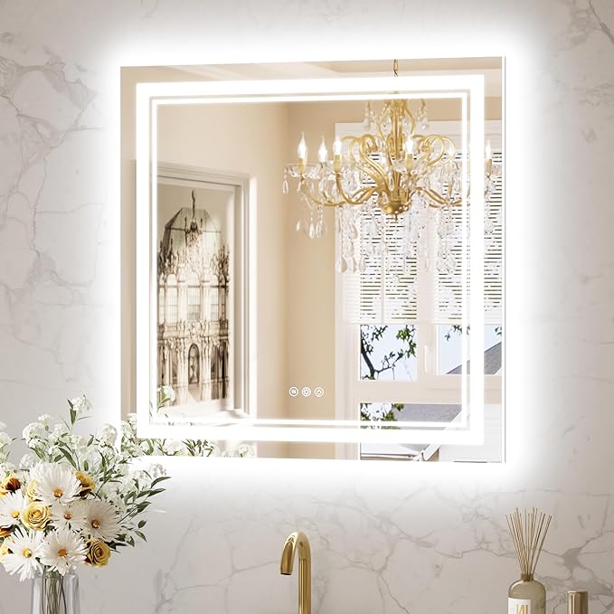 Keonjinn Bathroom LED Mirror 30 x 30 Inch Frontlit and Backlit, Tempered Glass Stepless 3 Colors Temperature & Dimmable Square Wall Mirror, UL Listed LED Driver, Double LED Strips, Anti-Fog