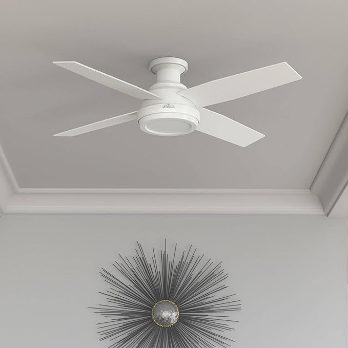 Hunter 52 inch Indoor Ceiling Fan No Light with Remote Control - White Modern Ceiling Fan without Light, Low Profile Mount, 4 Blades, For Bedroom, Living Room, or Kitchen - Dempsey 59248, Fresh White