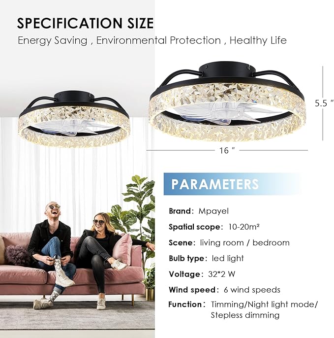 Ceiling Fans with Lights and Remote/APP Control, Modern Dimmable Low Profile Ceiling Fan, Flush Mount Bladeless Ceiling Fan, 16" Memory Function Forward Reverse and 6 Speeds - Black