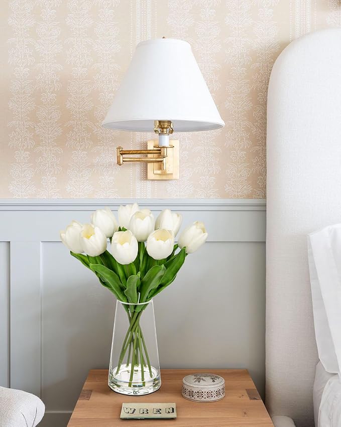 Fake Tulips Artificial Tulip Flowers in Glass Vase with Faux Water, 14.2" Real Touch White Tulip Flowers Spring Décor for Table Centerpiece Home Farmhouse Resto Wedding Decoration