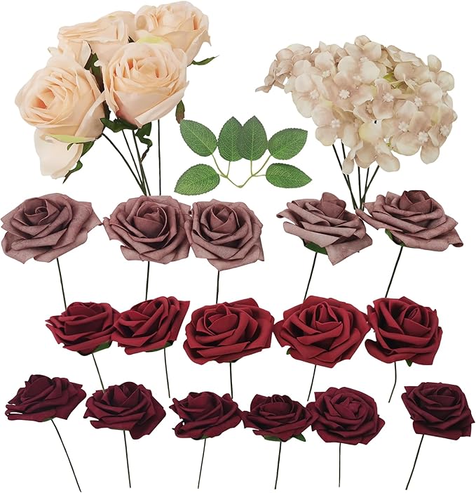 Artificial Fake Flowers 26pcs Roses, Mixed White & Burgundy Faux Flower for DIY Wedding Bouquet Bridal Shower Centerpieces Floral Arrangements Party Table Home Decorations