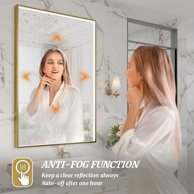 24x36 Inch LED Bathroom Mirror, Gold Metal Framed Lighted Mirror for Bathroom, Wall Mouted LED Vanity Mirror with Lights, 3 Colors and Stepless Dimmable, Anti-Fog, Memory