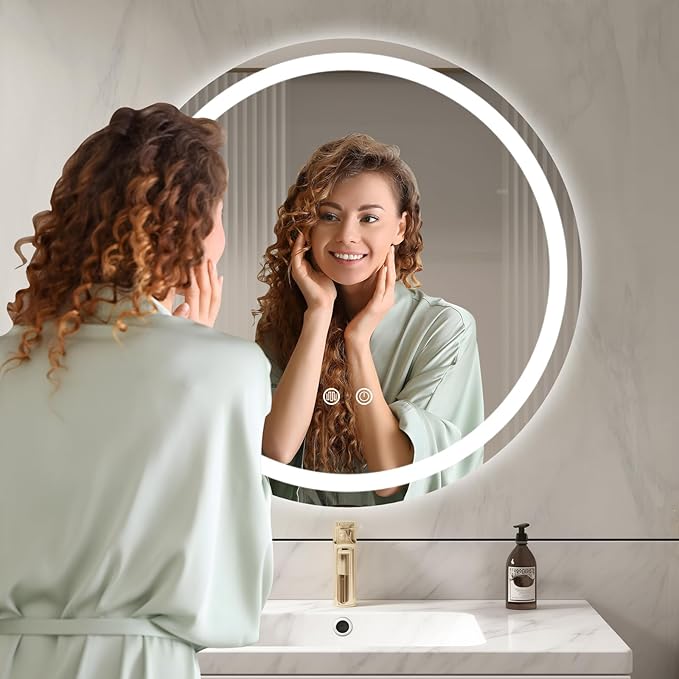 WallBeyond LED Bathroom Mirror with Lights, 28'' Round Light Up Bathroom Mirror for Wall with Front and Backlit, Anti Fog Led Mirror for Bathroom, 3 Colors and Dimmable Light