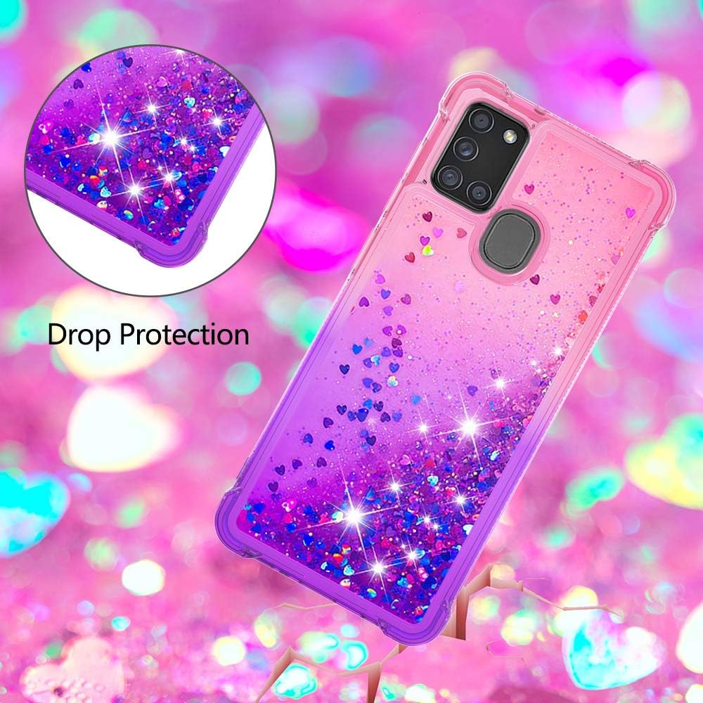 Samsung Galaxy A21S Case with Tempered Glass Screen Protector, Glitter Bling Floating Liquid TPU Shockproof Cover -