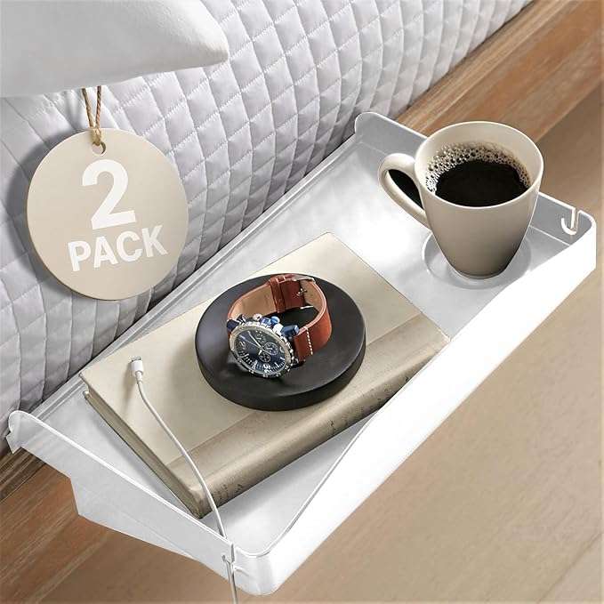 Modern Innovations 2 Count Bedside Organizer for Bed – Clip On Tray with Cup & Cord Holder – for College Dorm, Top Bunk, or Kids Bedroom (White)