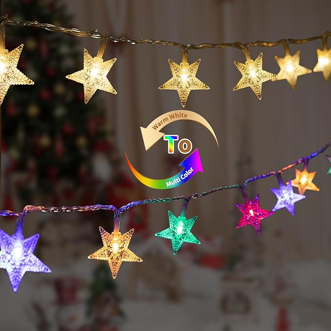 Minetom Star String Lights Plug in - 33 ft 100 LED Star Fairy String Lights with Remote and Timer, Waterproof for Bedroom Tent Loft Bed Shelf Porch Patio Garden Party Décor, Warm White + Multicolor