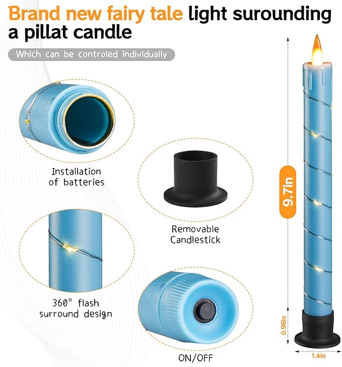 Da by 3 Pcs Flickering Flameless Battery Operated Taper Candle-Window Candles with Remote and Time-LED 3D Dynamic Flame-9.6 Inches for Wedding, Party,Home Decoration-Blue
