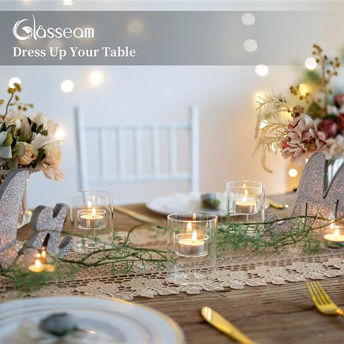 Glasseam Glass Tealight Candle Holder: Small Hurricane Cylinder Votive Holder Set of 6 Modern Table Centerpiece Wedding Christmas Party Decorations, 3.15