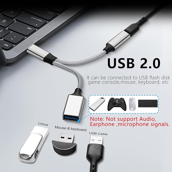 GELRHONR USB C OTG Charging Adapter, 2 in 1 USB-C Splitter, Short Type C Charging Cable with USB Female and C Female, for Most Type-C Phones, Laptops,Tablet,USB Fan,Printer (Silvery)
