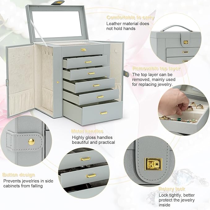 AKOZLIN Extra Large 6-Tier Jewelry Box Organizer Functional Huge, 5 Drawers Leather Jewelry Storage Case for Women Girls Ring Necklace Earring Bracelet Holder Organizer with Mirror Grey