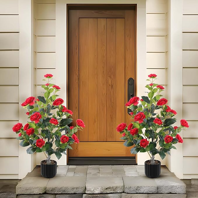 Hananona 2 Pcs Artificial Camellia Trees Faux Camellia Plant in Pot with Flowers Indoor Plants for Spring Home Decor Outdoor Porch Front Door Decor (Red, M)