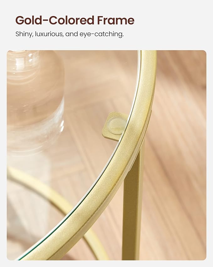 VASAGLE Round Side Tables, Set of 2, Glass End Tables with Metal Frame, Gold Coffee Tables with Modern Style, for Living Room, Balcony, Bedroom, Gold Color
