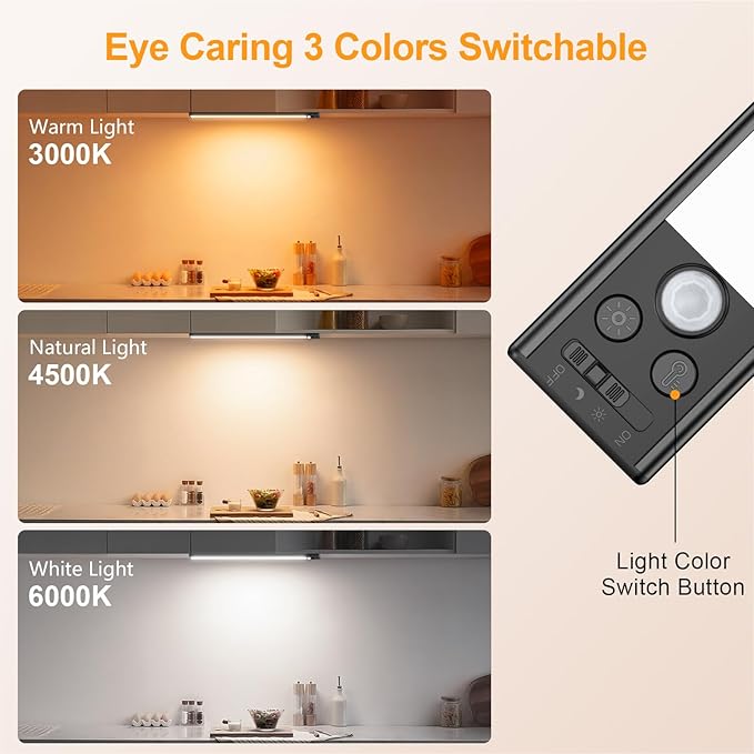 Gritin 14.7inch Under Cabinet Lighting Rechargeable - 128 LED Super Bright, 3-Color&5 Level Brightness, 4 Modes, Motion Sensor, Long Lasting-Easy Installation Magnetic Closet Lights - 2 Pack-Black