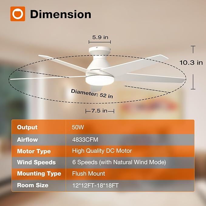 addlon Ceiling Fans with Lights, 52 inch Low Profile Ceiling Fan with Light and Remote Control, Flush Mount, Reversible, 3CCT, Dimmable, Noiseless, White Ceiling Fan for Bedroom, Indoor/Outdoor Use