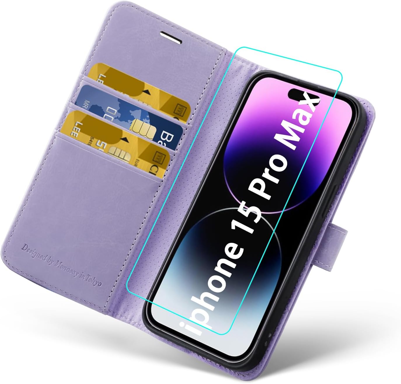 MONASAY Wallet Case for iPhone 15 Pro Max 5G, 6.7-inch, Flip Folio Leather Cover with Credit Card Holder, Lavenders