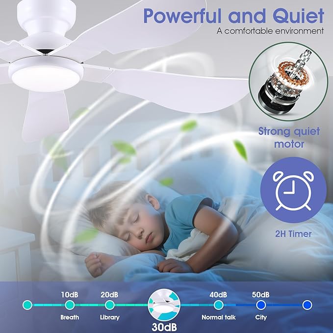 52 Inch Modern Ceiling Fans with Lights, Flush Mount Ceiling Fan with Light and Remote/APP Control, 5 Reversible 6 Speeds Curved Blades, 3 CCT Dimmable Lights for Bedroom, White
