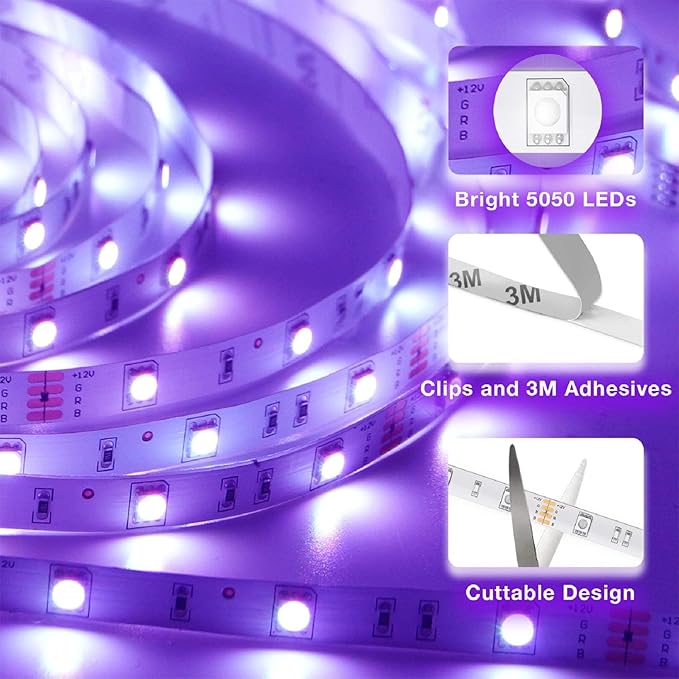 hyrion 200ft Led Strip Lights(2 Rolls of 100ft) for Bedroom with 44 Keys Remote,24 Volt Dimmable RGB Color Changing Led Lights for Bedroom,Living Room,Kitchen,Desk,Home Decoration