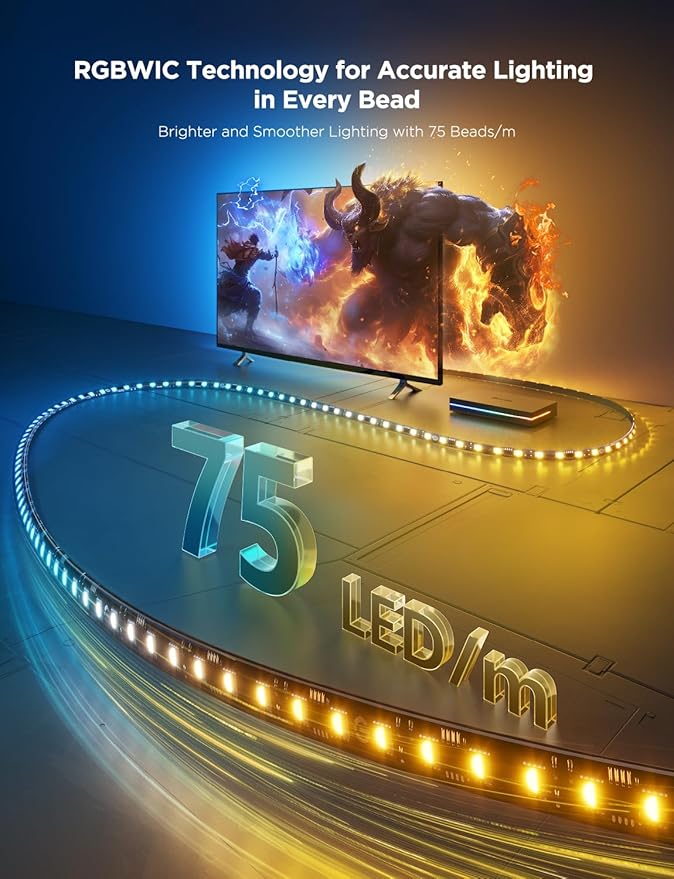 Govee HDMI 2.1 Sync Box 2, AI Sync Box with TV Backlight, Supports 8K@60Hz, 4K@144Hz, VRR and ALLM, Works with Matter and Alexa, RGBIC LED Light Strip for 75-85 inch TVs, 75 LEDs/m