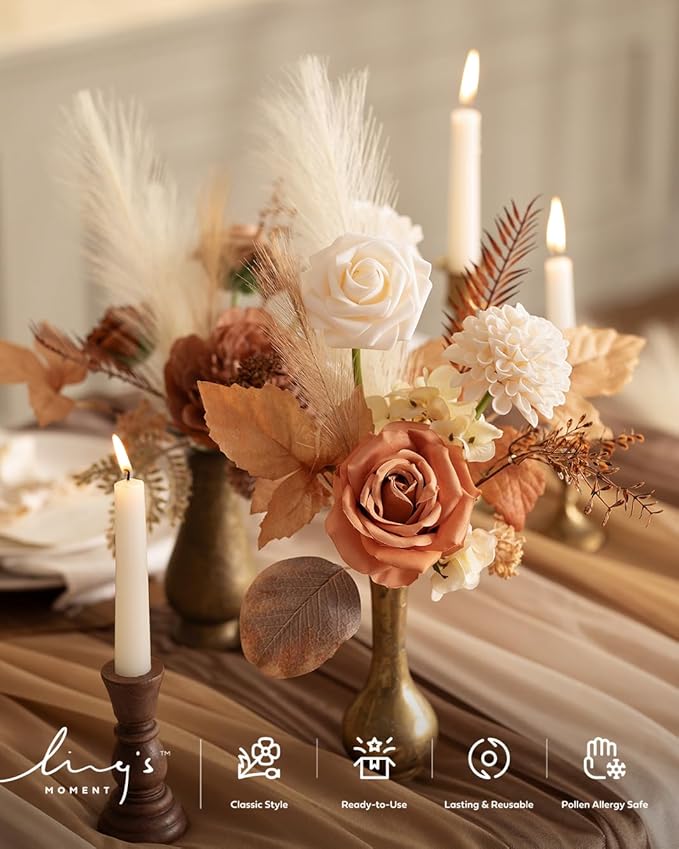Ling's moment Artificial Flowers Fake Silk Roses Faux Foam Dahlia Combo for DIY Wedding Bouquets Centerpieces Arrangements Bridal Shower Party Home Decorations, Amber & French Orange, 24pcs