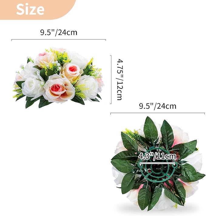 NUPTIO Pcs of 10 Fake Flower Ball Arrangement Bouquet,15 Heads Plastic Roses with Base, Suitable for Our Store's Wedding Centerpiece Flower Balls for Centerpieces Home Décor (Pink Champagne & White)