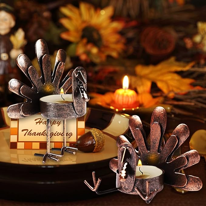 MorTime 12 Pack Turkey Tealight Candle Holders, Bronze Finished Metal Tea Light Candleholders, Thanksgiving Sitting Standing Turkey Holders Set for Table Kitchen Thanksgiving Decorations
