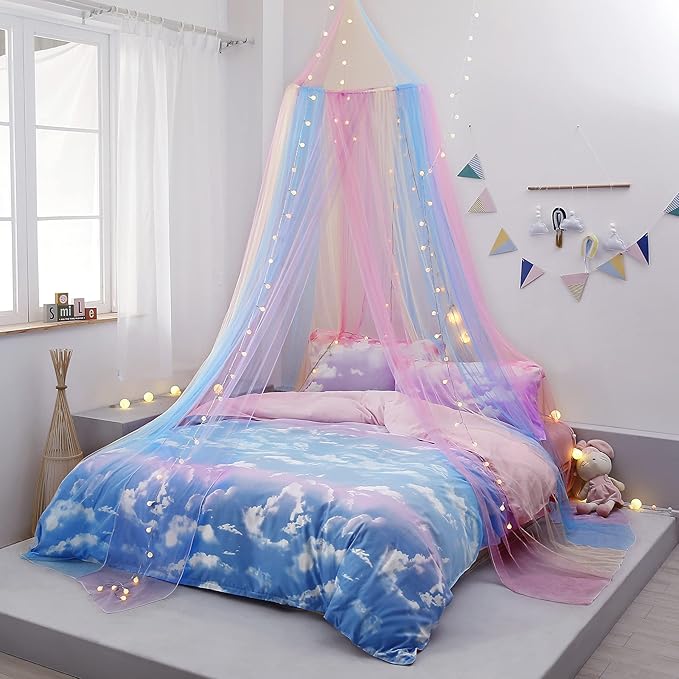 Rainbow Bed Canopy with Lights - Girls Room Bed Netting for Twin, Single, Full, Queen Size Beds - Reading Corners Room Décor