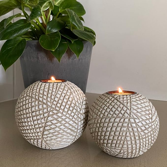 Luca Orb Tea Light Candle Holders (Gift Boxed Set of 2) Grid Pattern, Beige and White