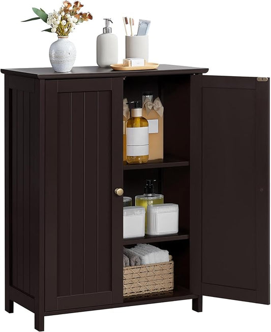 Yaheetech Bathroom Floor Cabinet, Modern Storage Freestanding Organizer Cabinet with Adjustable Shelves & Double Doors, 3-Tier Home Living Room Furniture, Espresso