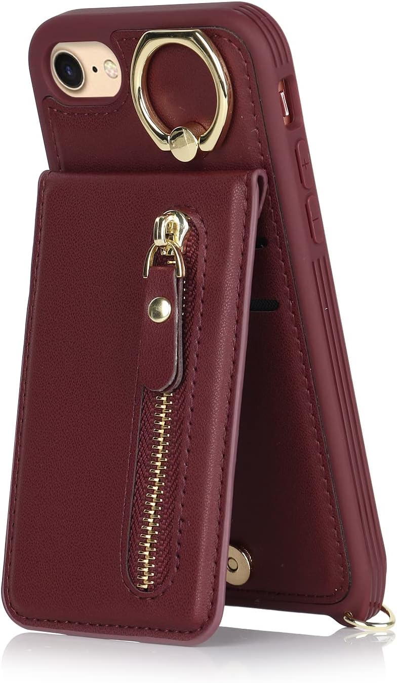 iPhone 7 8 SE (2020) Case with Card Holder, Red Wine Wallet with Strap, Credit Card Slots, Crossbody Kickstand