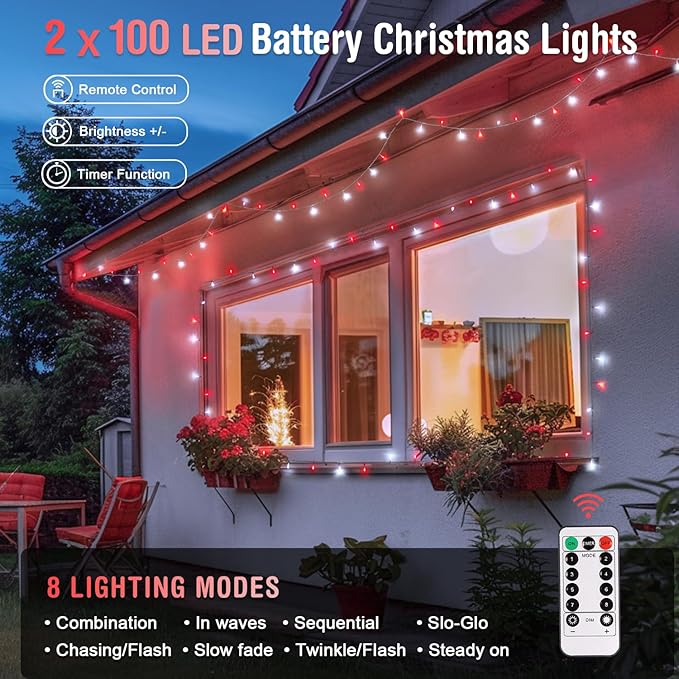JMEXSUSS 2 Pack Red and White Battery Christmas Lights, Each 33ft 100 LED Battery Powered String Lights with Remote for Tree Patio Yard House Party Birthday Outside