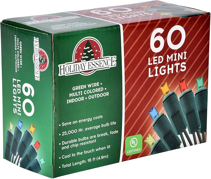 Holiday Essence 60 LED Mini Christmas Lights, Multi Color, Professional Grade for Indoor & Outdoor Use - Energy Efficient LED Bulbs - Green Wire - UL Certified
