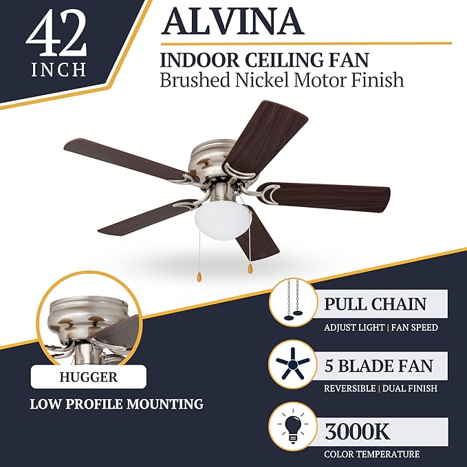 Prominence Home Alvina, 42 Inch Traditional Flush Mount Indoor LED Ceiling Fan with Light, Pull Chain, Dual Finish Blades, Reversible Motor - 80029-01 (Brushed Nickel)
