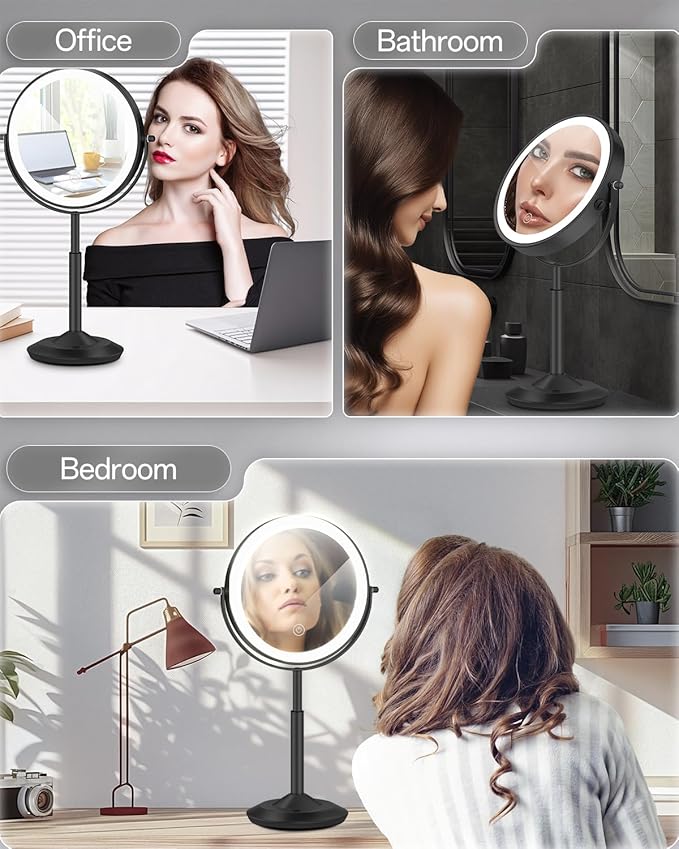 Makeup Mirror with Lights, 1X/30X Lighted Magnifying Mirror Height Adjustable, 3000mAh Rechargeable Double Sided Vanity Mirrors with 3 LED Lighting and Adjustable Brightness for Desk Women Gift