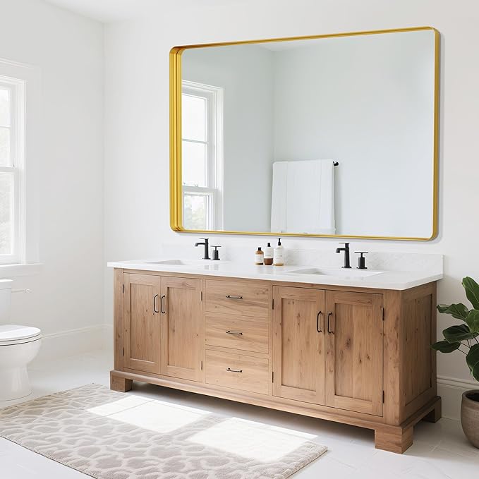 Suidia Bathroom Mirror, 36" x 55" Wall Mirror Metal Framed, Bathroom Vanity Mirror for Living Room Bedroom Bathroom Entryway, Gold, Rounded Corner Style