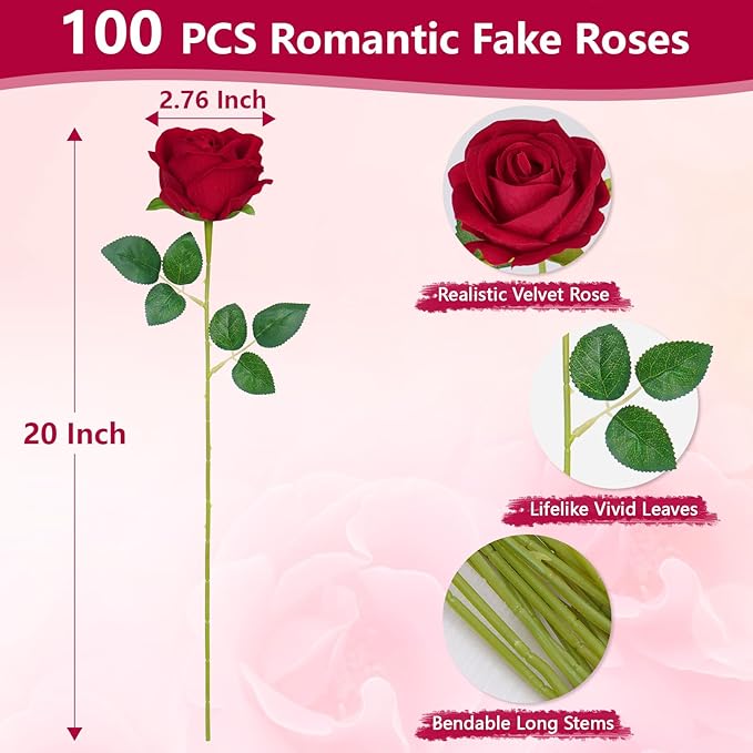 BLEUM CADE 100 Pcs Red Velvet Roses Artificial Flowers, Real Touch, Long Stems, Wedding & Occasion Decor