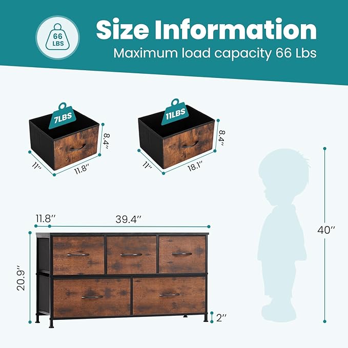 OLIXIS Dresser for Bedroom, 5 Storage Fabric Drawers, Metal Frame and Wooden Top, Tall Storage Drawer Dresser for Closet with Easy Pull Handles for Living Room, Entryway, Small Space