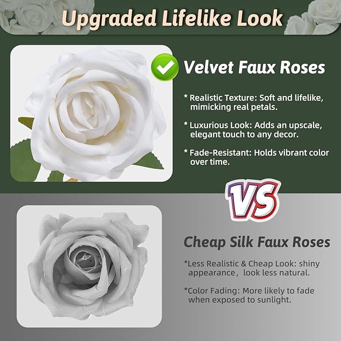 White Roses Artificial Flowers 50 Pack in Bulk, Fake Roses Flowers Realistic Roses for Wedding Home Party Decoration Event Gift (White)