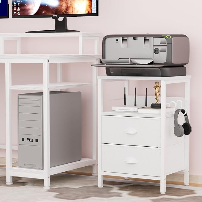 Furologee Nightstand Bedside Table with 2 Fabric Drawers, White Side Table with 2-Tier Shelf, Night Stand with Hooks, for Bedroom, Living Room, Backboard Design, Wooden Top, Metal Frame, White