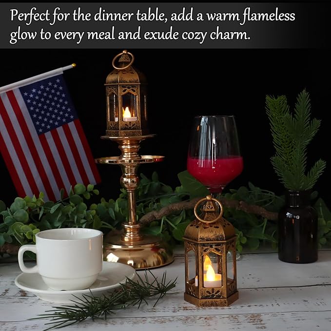 LLQ 8Pcs Mini Lantern with LED Tealight, Vintage Brown Lanterns Decorative, Hanging Candle Lanterns for Ramadan Christmas Wedding Table Centerpiece Indian Diwali Decor, Garden Fairy Party Decorations