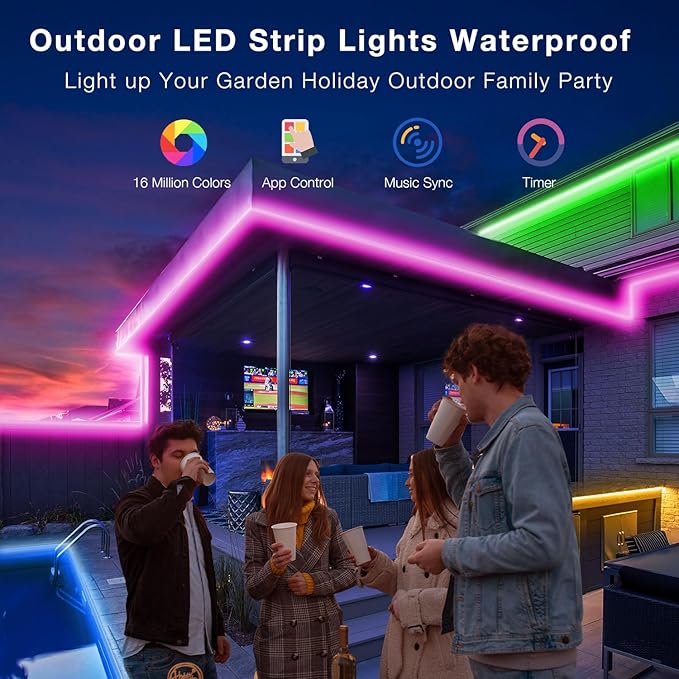 100ft Outdoor LED Strip Lights Waterproof, IP67 Waterproof LED Light Strips with Remote and APP Control, Timing, Music Sync RGB Exterior LED Rope Lights for Outside, Roof, Deck, Balcony, Garden, Pool